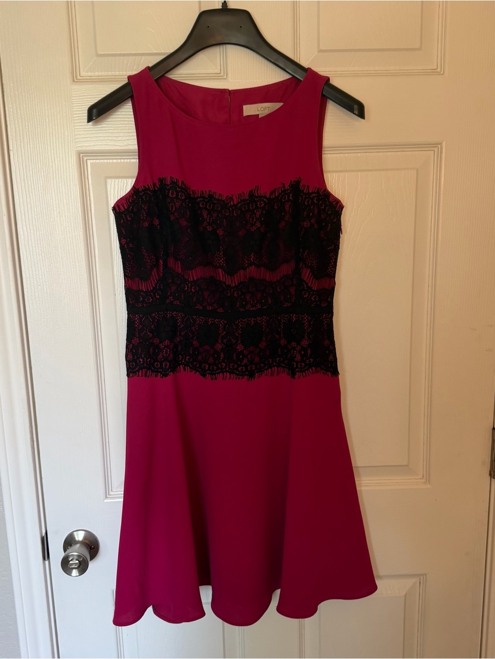 LOFT Magenta Sleeveless Dress with Black Lace Waist Detail